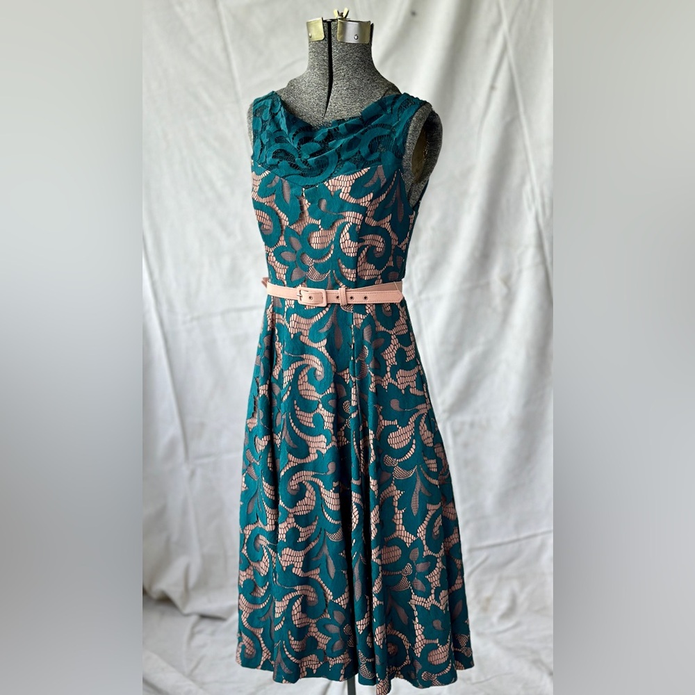 Eva Franco Teal lace Dress with Blush Accents NWT